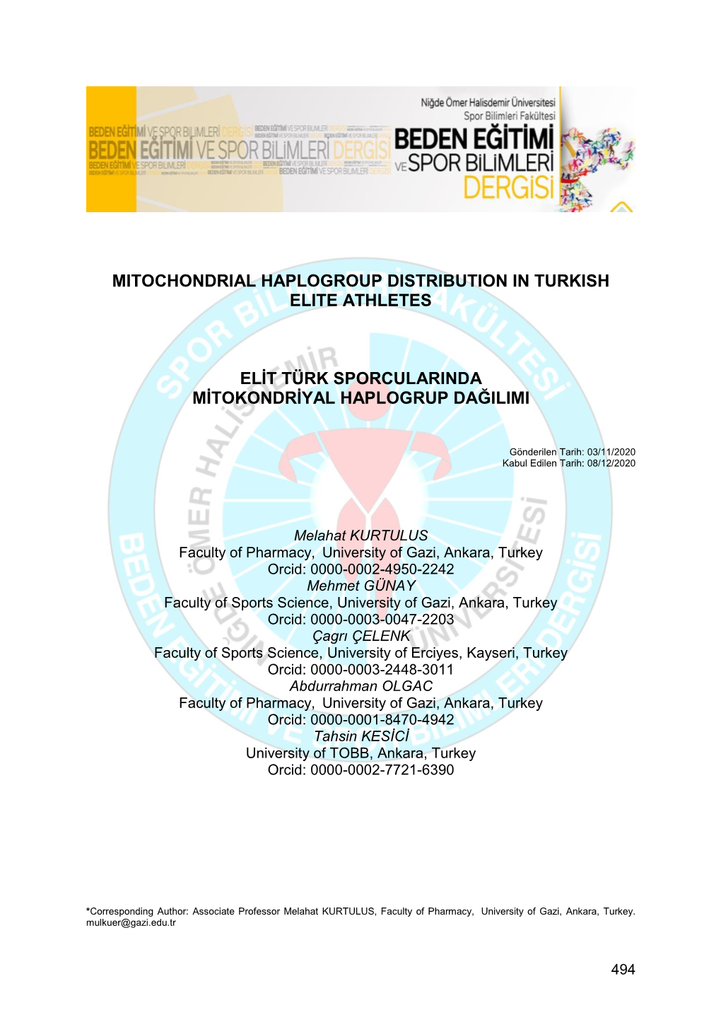 Mitochondrial Haplogroup Distribution in Turkish Elite Athletes