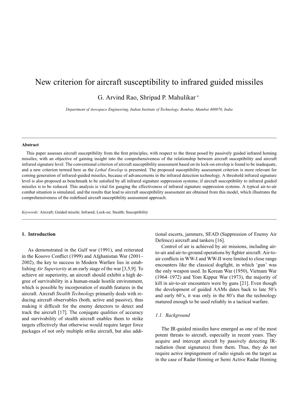 New Criterion for Aircraft Susceptibility to Infrared Guided Missiles