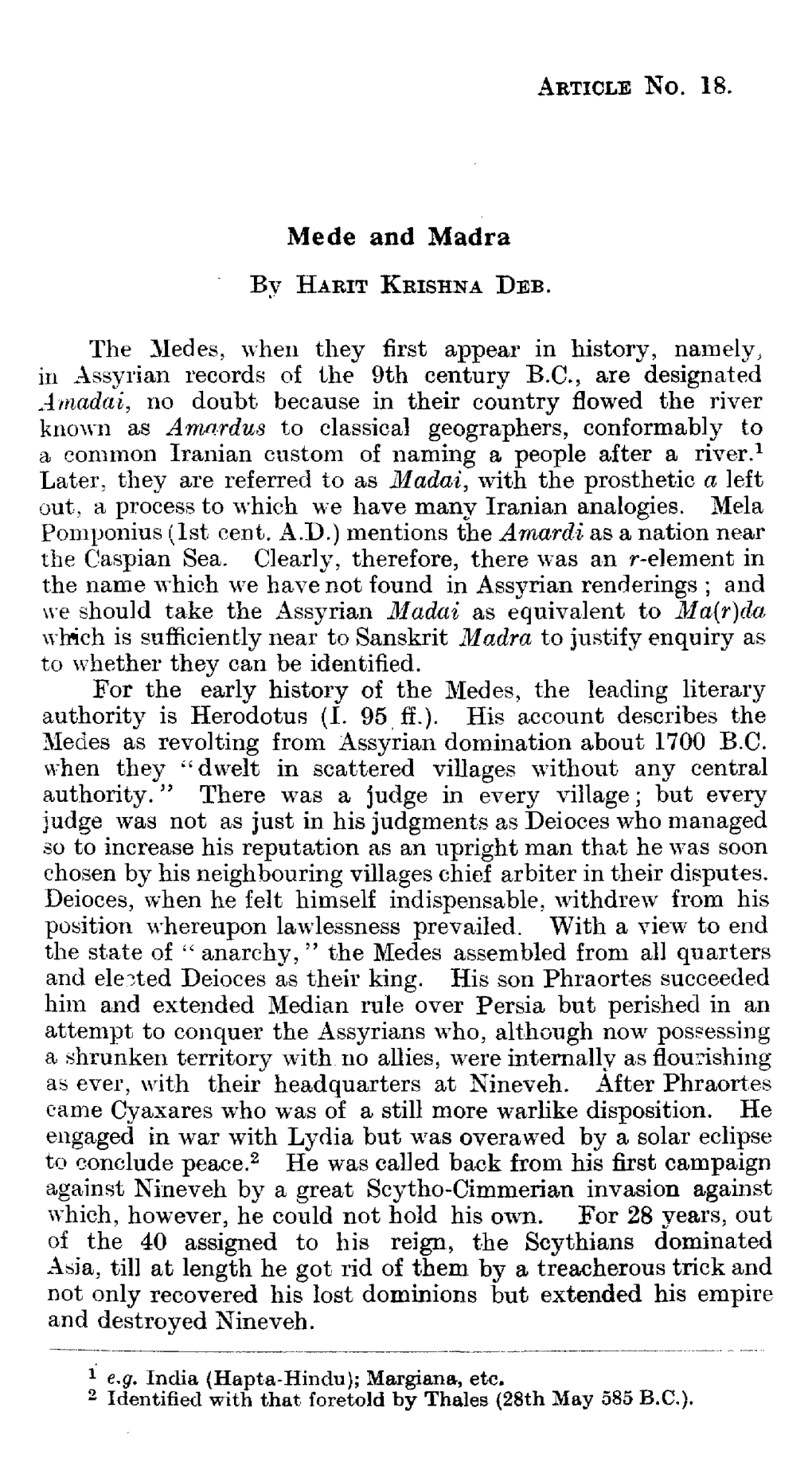 Mede and Madra the Medes, When They First Appear in History, Naniely