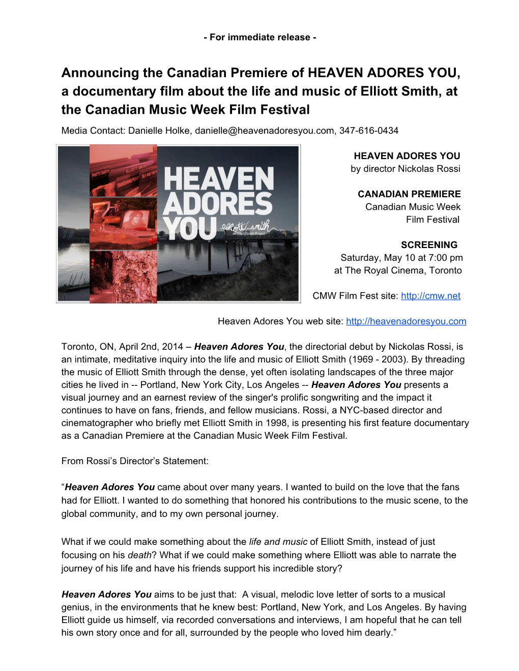 Announcing the Canadian Premiere of HEAVEN ADORES YOU, a Documentary Film About the Life and Music of Elliott