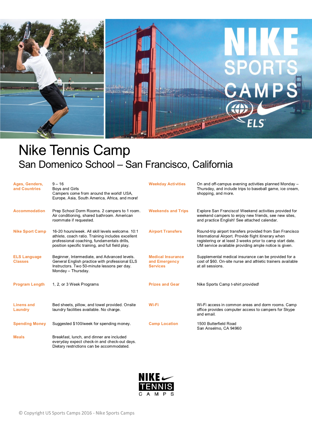 Nike Tennis Camp San Domenico School – San Francisco, California