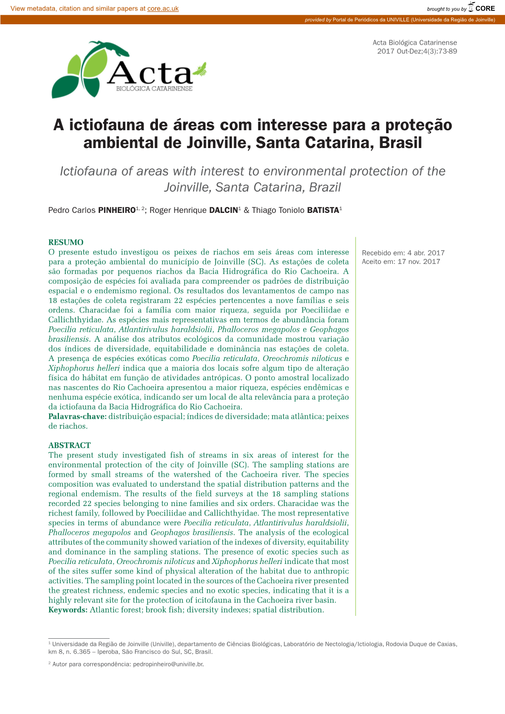 A Ictiofauna De Áreas Com Interesse Para a Proteção Ambiental