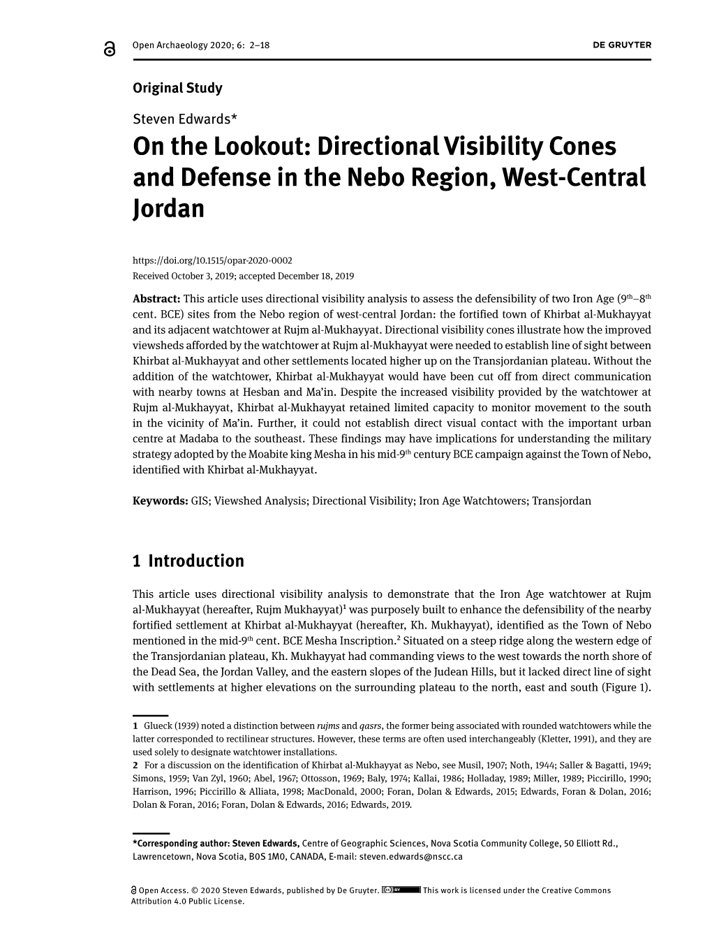 Directional Visibility Cones and Defense in the Nebo Region, West-Central Jordan