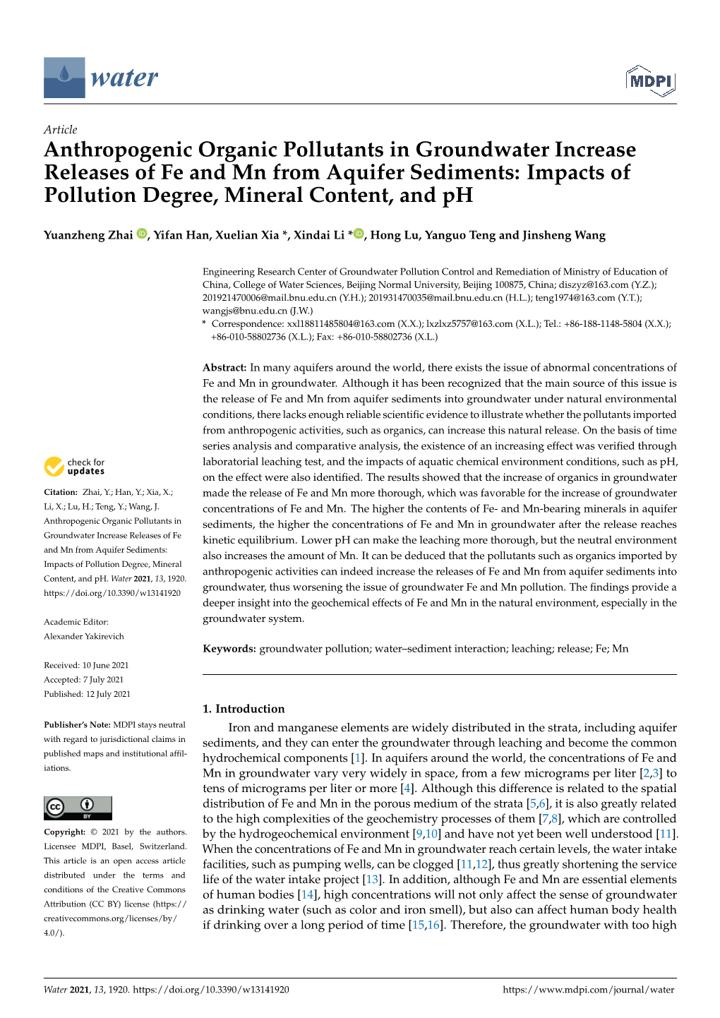 Anthropogenic Organic Pollutants in Groundwater Increase Releases of Fe and Mn from Aquifer Sediments: Impacts of Pollution Degree, Mineral Content, and Ph