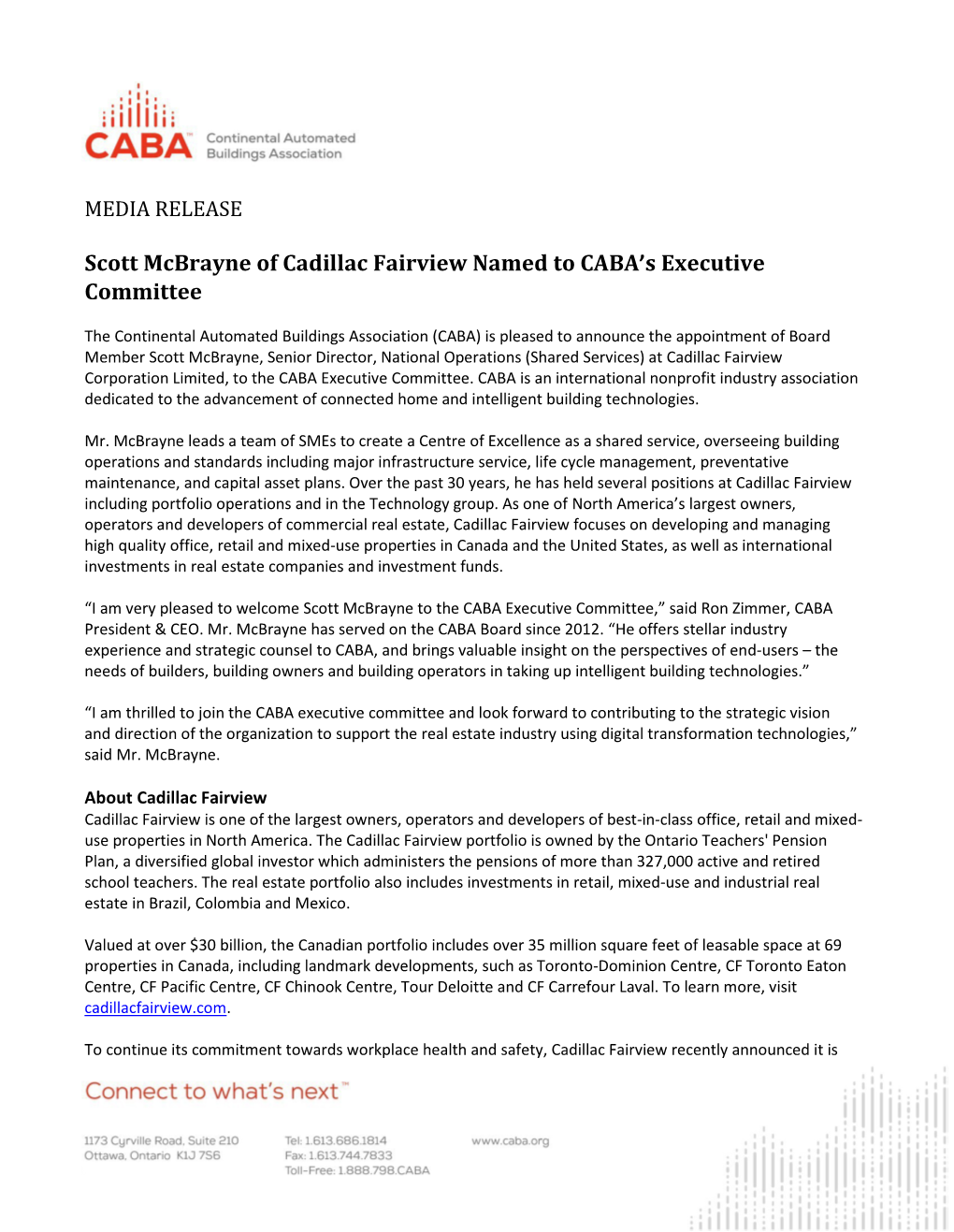 Scott Mcbrayne of Cadillac Fairview Named to CABA's Executive