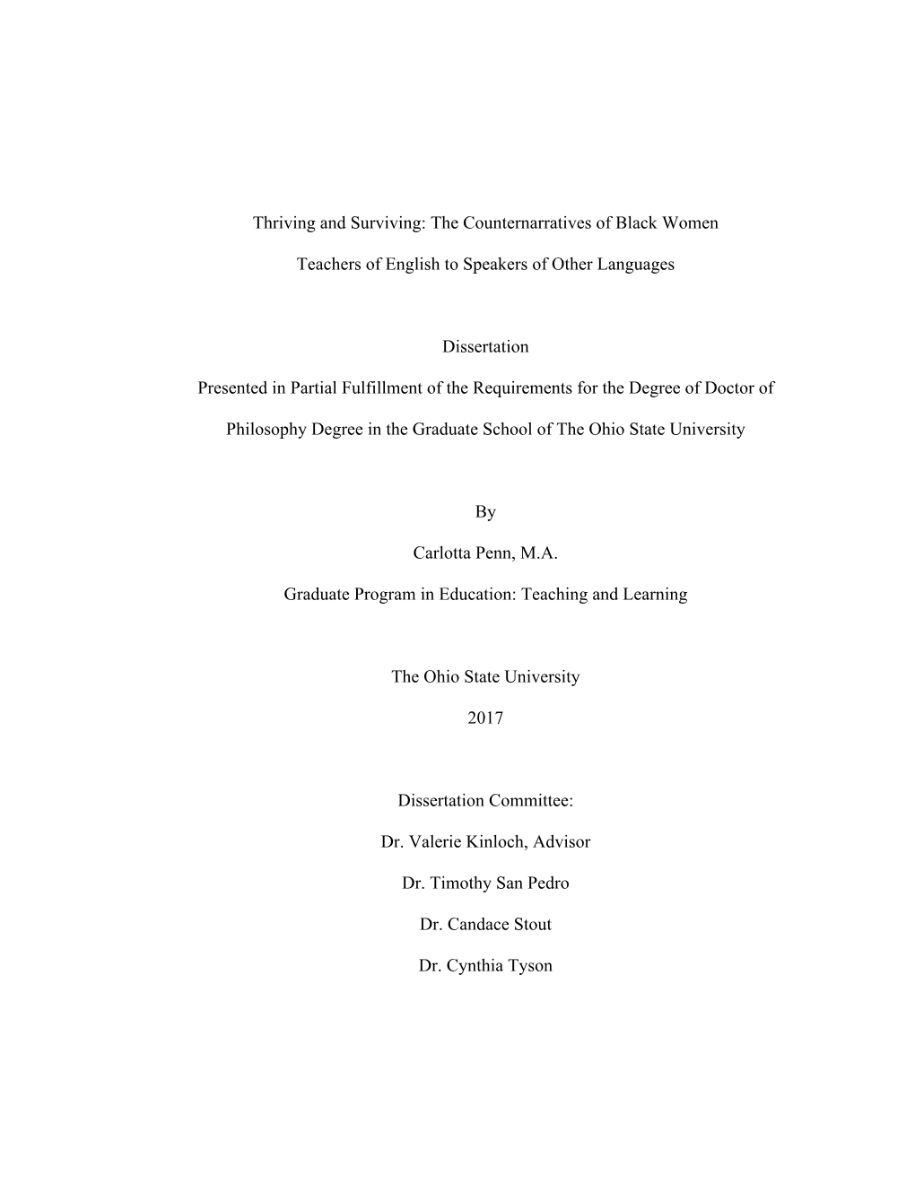 The Counternarratives of Black Women Teachers of English to Speakers of Other Languages Dissertation Pr