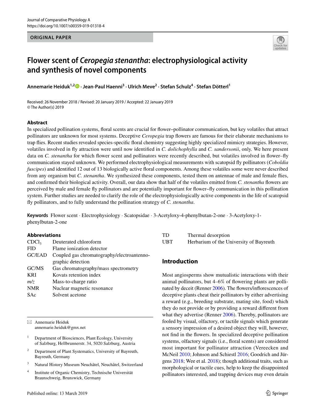 Flower Scent of Ceropegia Stenantha: Electrophysiological Activity and Synthesis of Novel Components