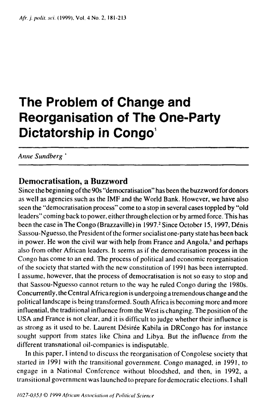 The Problem of Change and Reorganisation of the One-Party Dictatorship in Congo1