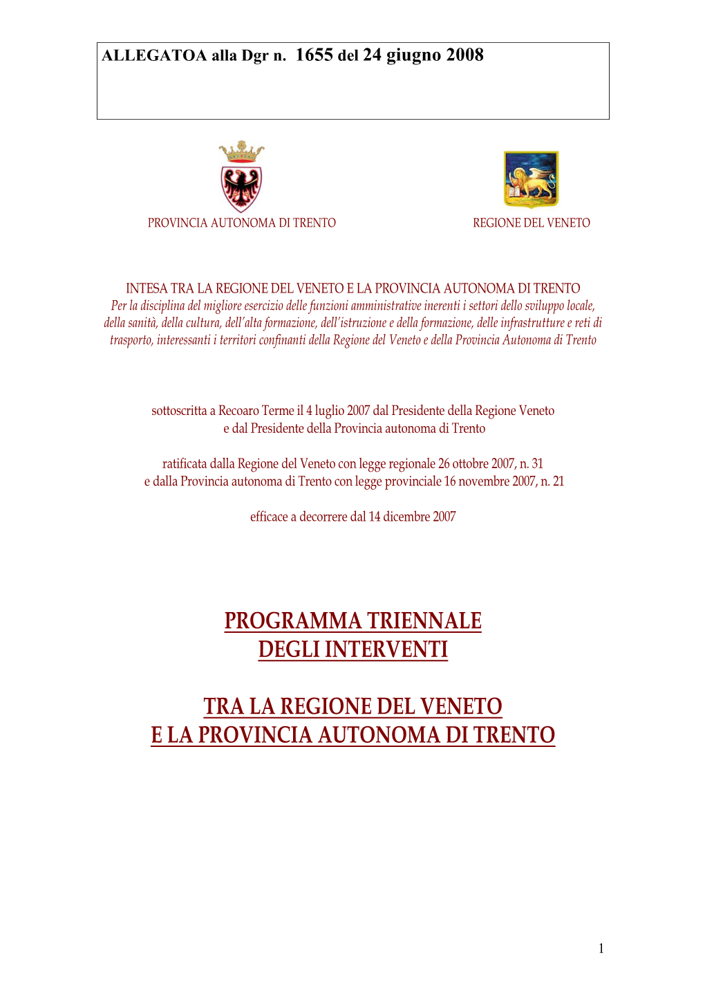 Programma Triennale Degli Interventi Tra La Regione