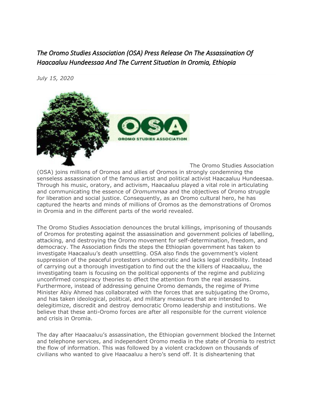 The Oromo Studies Association (OSA) Press Release on the Assassination of Haacaaluu Hundeessaa and the Current Situation in Oromia, Ethiopia