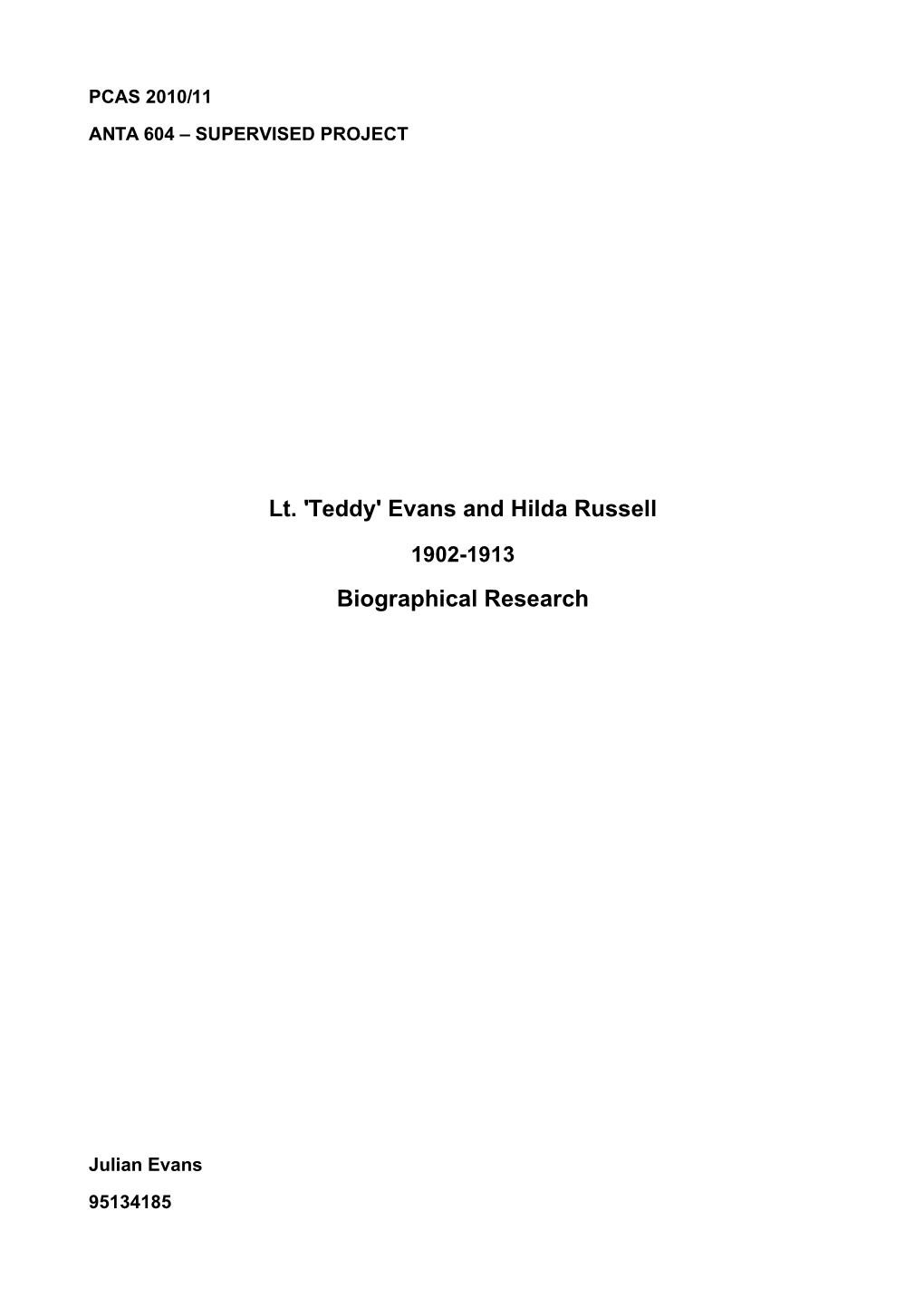 Lt. 'Teddy' Evans and Hilda Russell Biographical Research