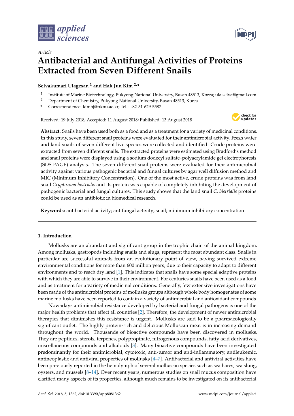 Antibacterial and Antifungal Activities of Proteins Extracted from Seven Different Snails