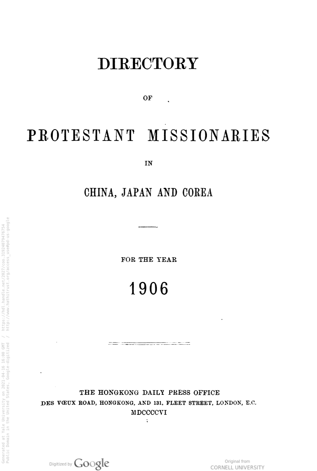Directory of Protestant Missionaries in China