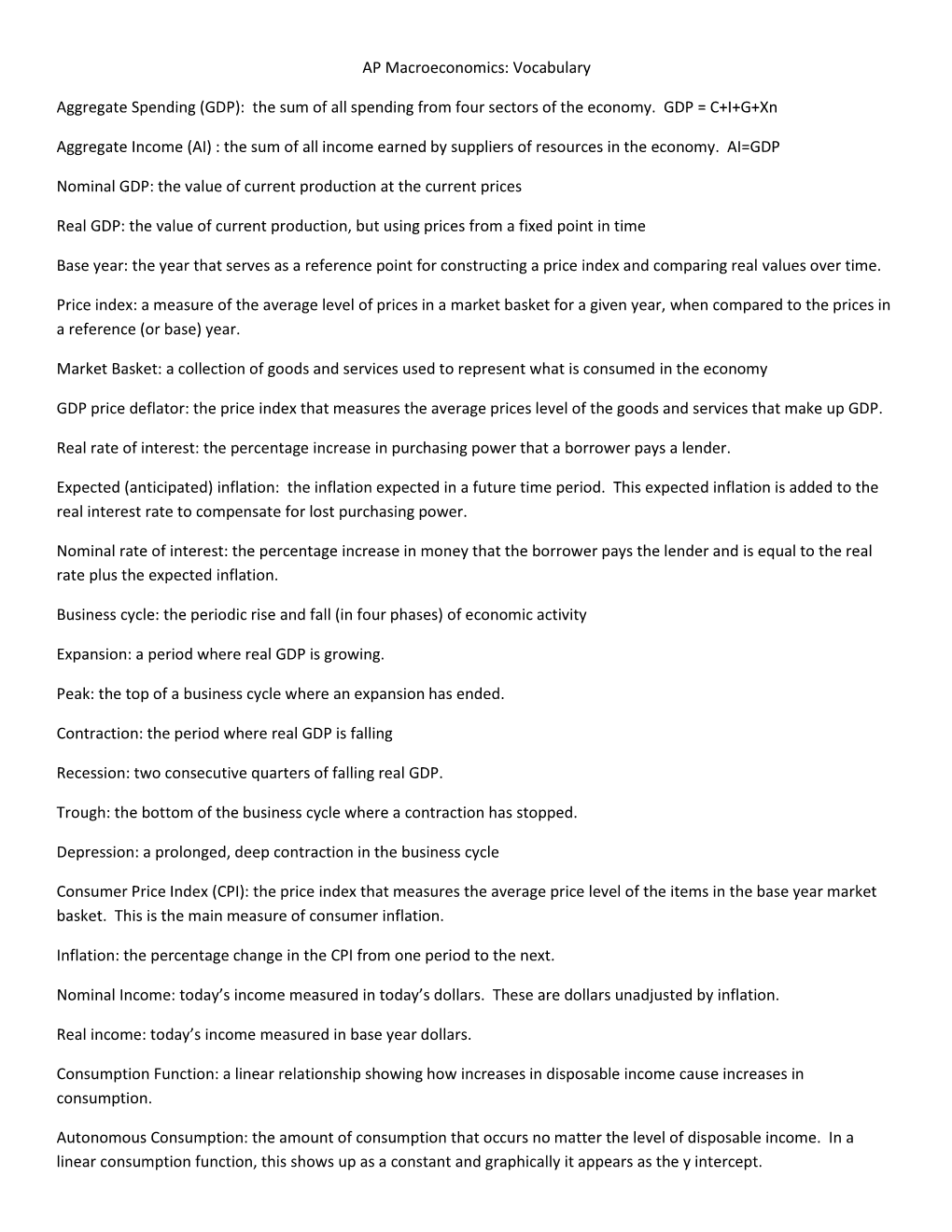 AP Macroeconomics: Vocabulary Aggregate Spending (GDP)