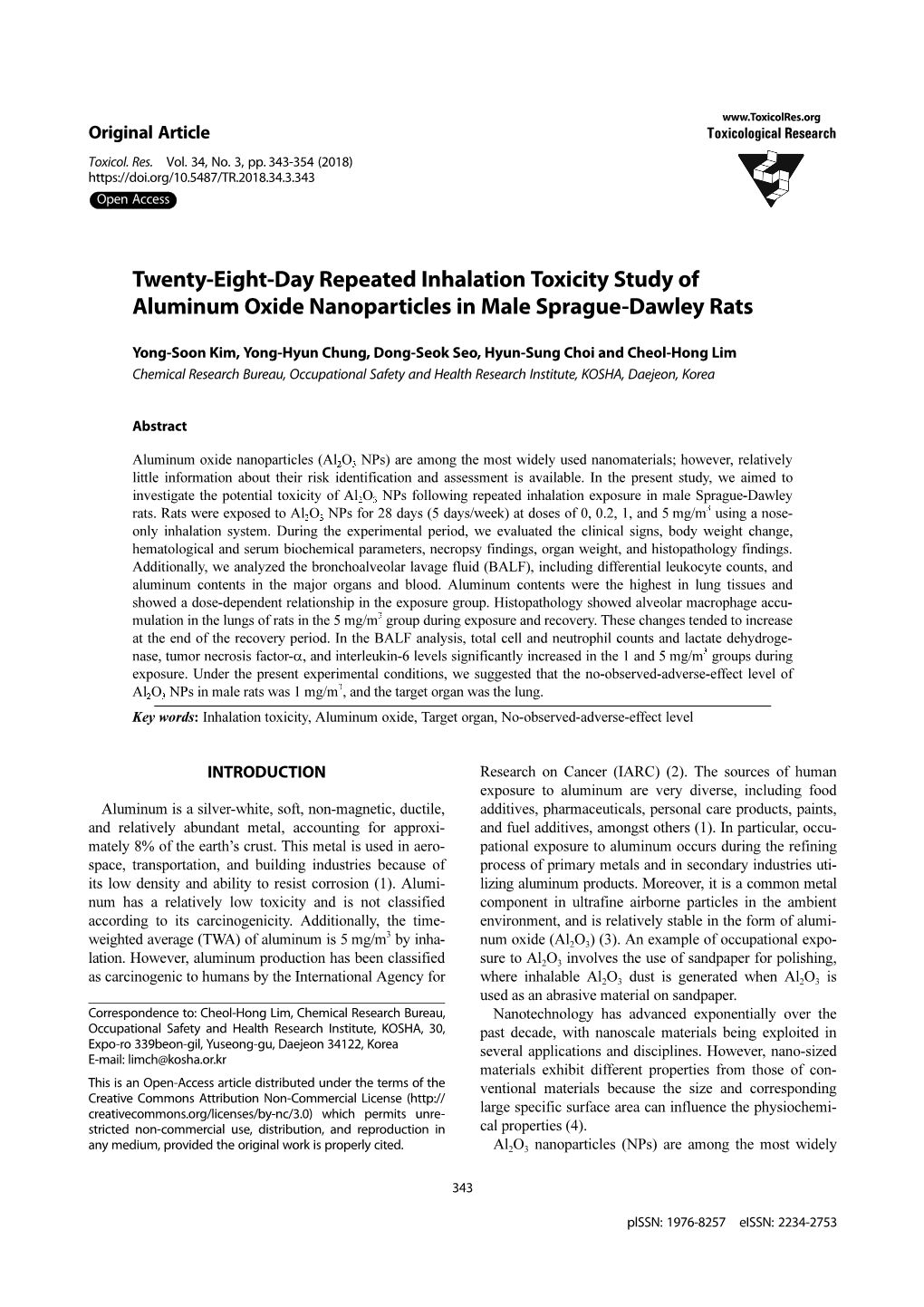 Twenty-Eight-Day Repeated Inhalation Toxicity Study of Aluminum Oxide Nanoparticles in Male Sprague-Dawley Rats