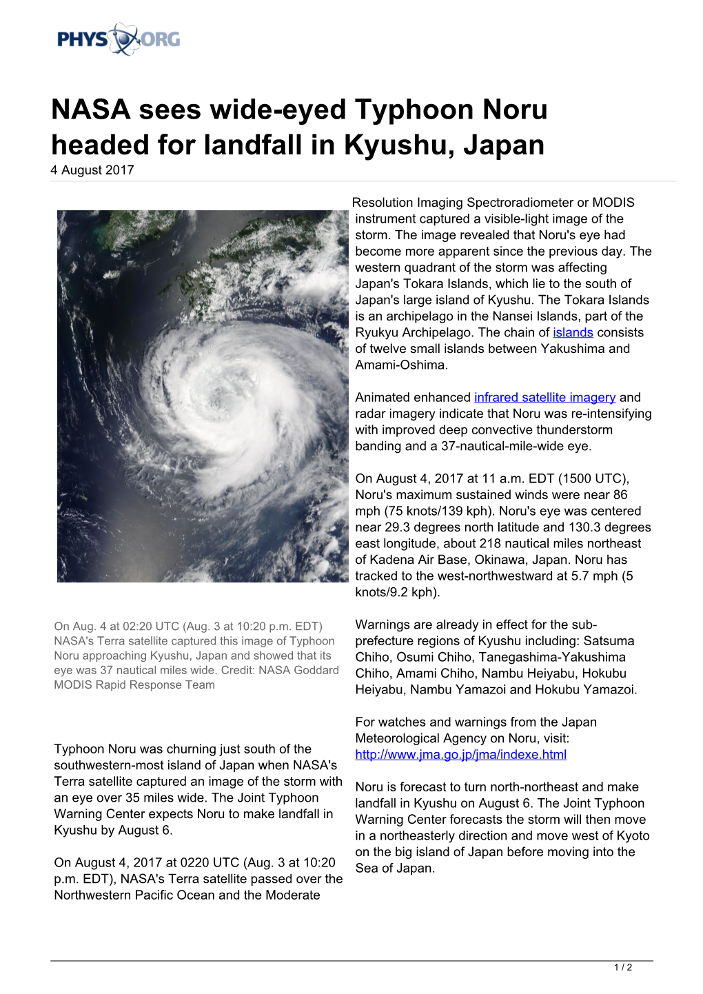 NASA Sees Wide-Eyed Typhoon Noru Headed for Landfall in Kyushu, Japan 4 August 2017