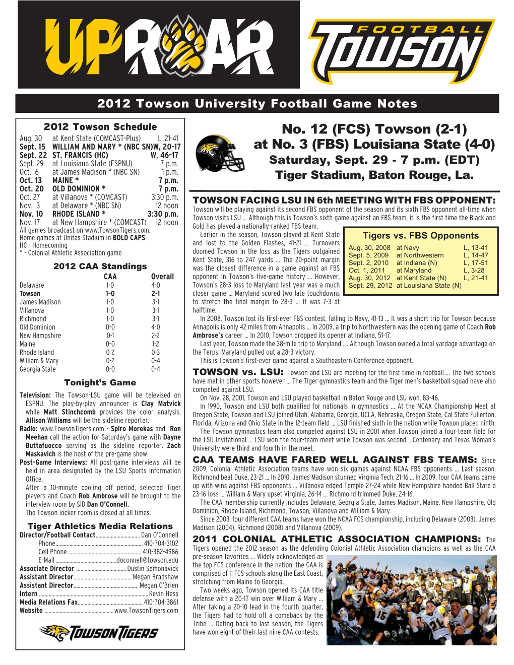 Towson University Football Game Notes 2012 Towson Schedule No