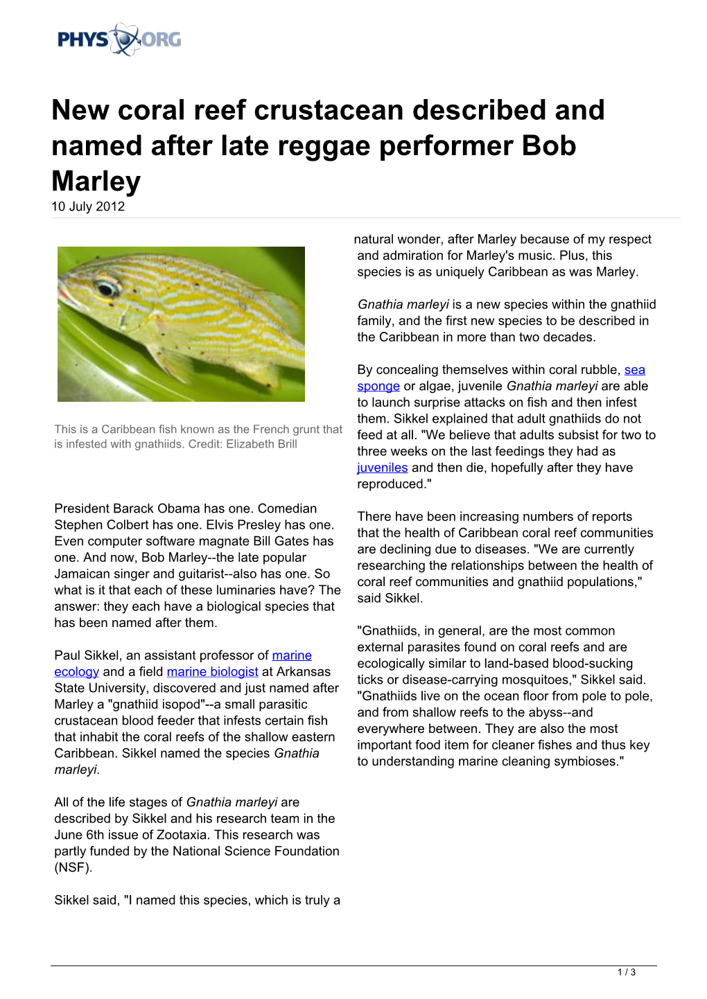 New Coral Reef Crustacean Described and Named After Late Reggae Performer Bob Marley 10 July 2012