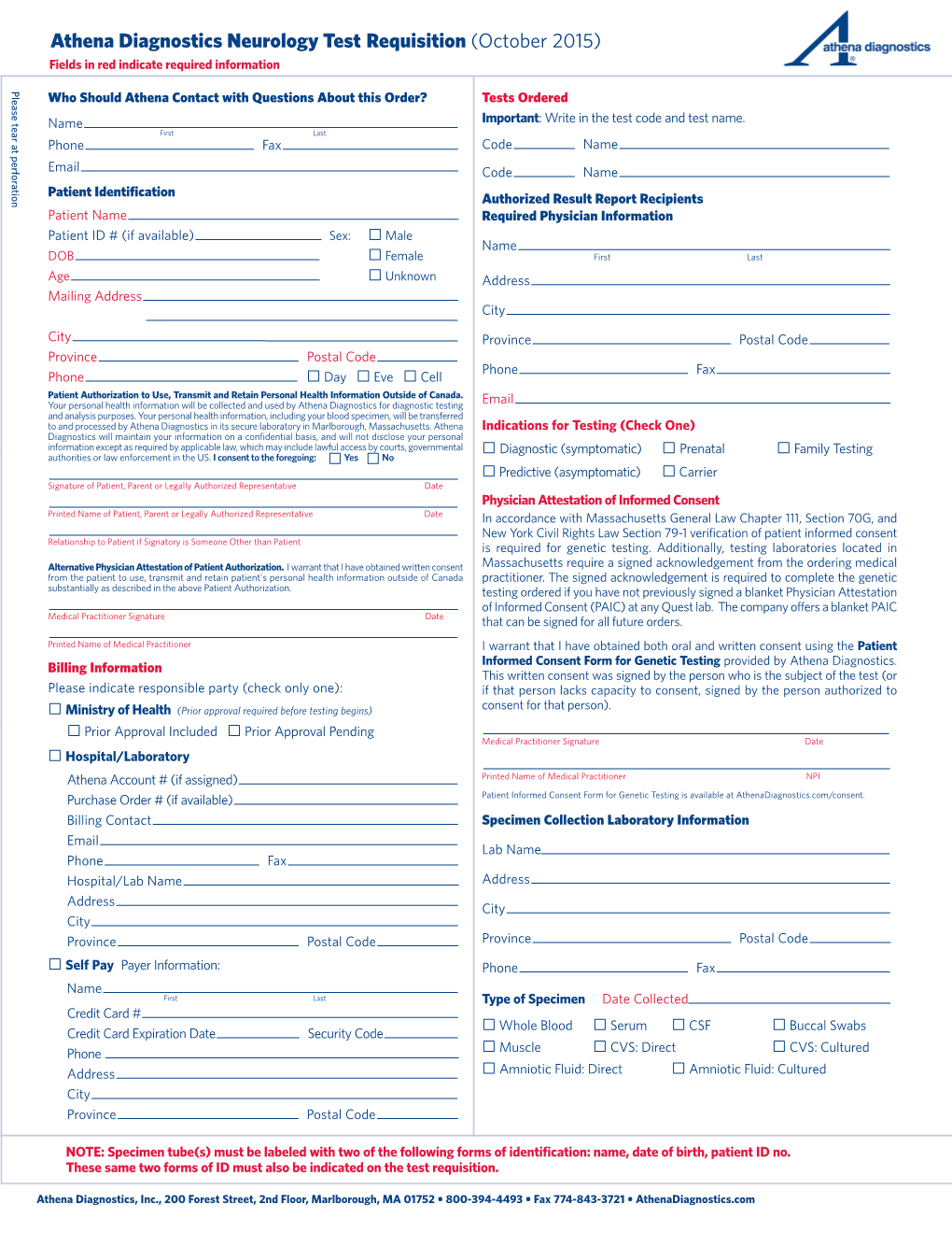 Athena Diagnostics Neurology Test Requisition (October 2015)