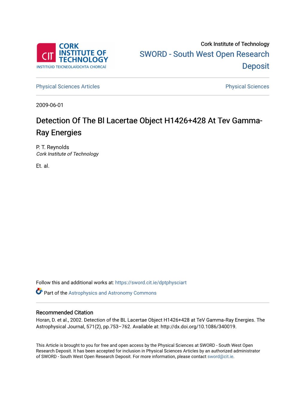 DETECTION of the BL LACERTAE OBJECT H1426+428 at Tev GAMMA-RAY ENERGIES D