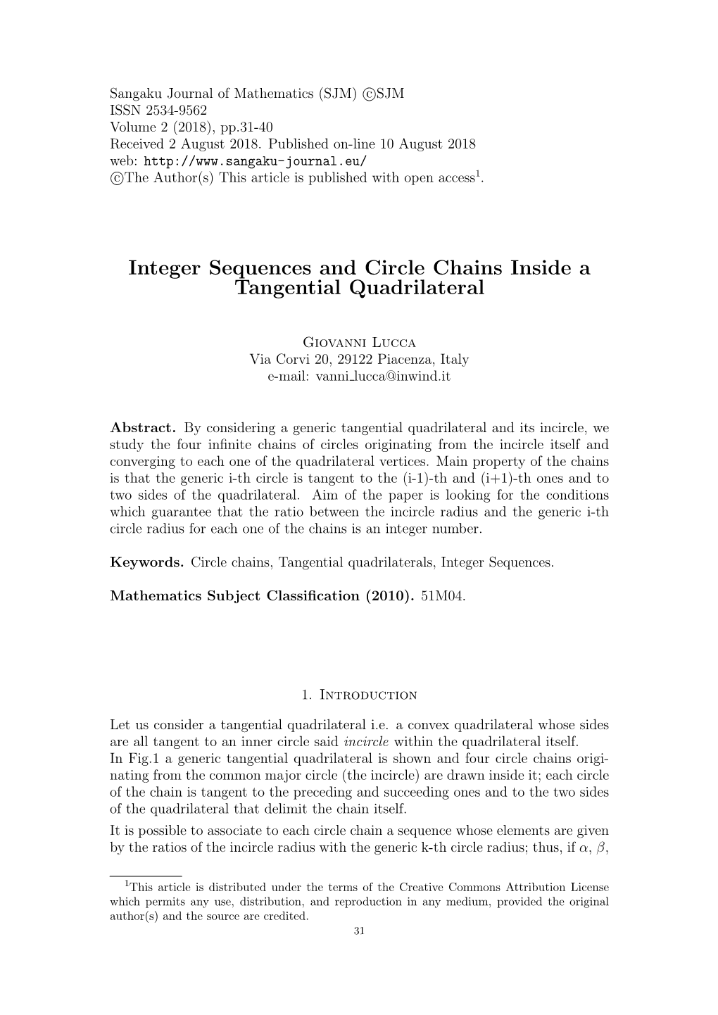 Integer Sequences and Circle Chains Inside a Tangential Quadrilateral