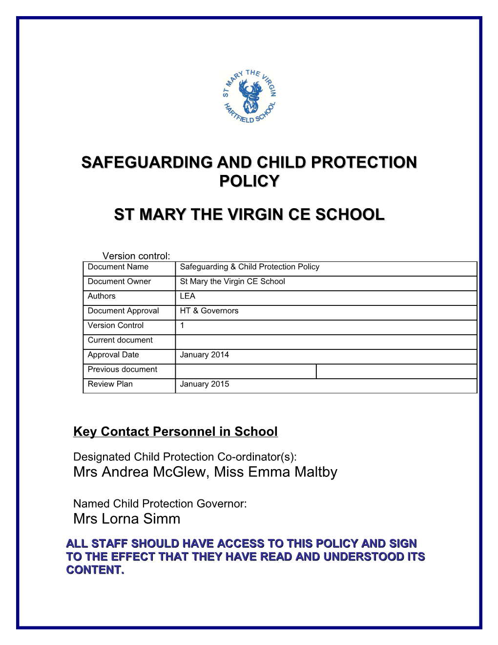 Model Child Protection and Safeguarding Policy for Schools 2013