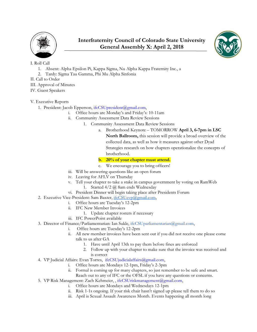 Interfraternity Council of Colorado State University General Assembly X: April 2, 2018