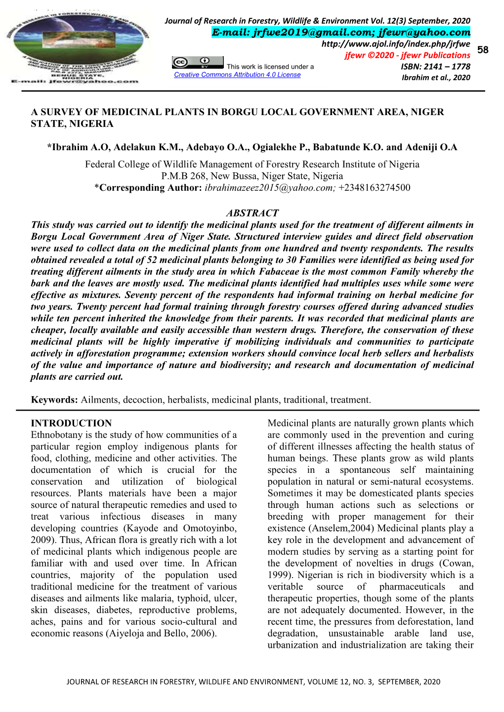 A Survey of Medicinal Plants in Borgu Local Government Area, Niger State, Nigeria