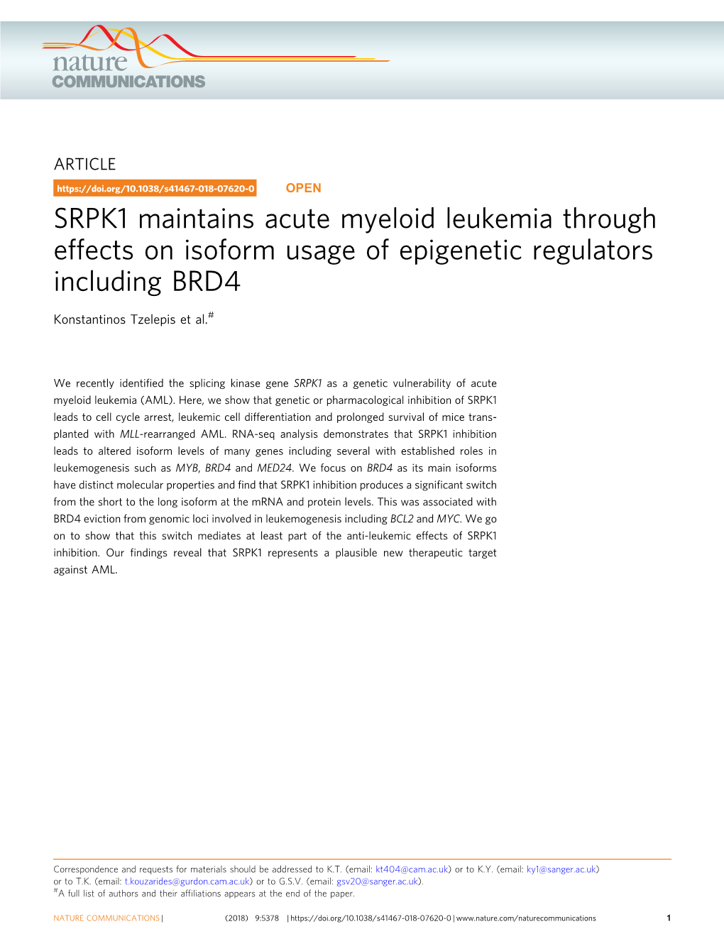 SRPK1 Maintains Acute Myeloid Leukemia Through Effects on Isoform Usage of Epigenetic Regulators Including BRD4