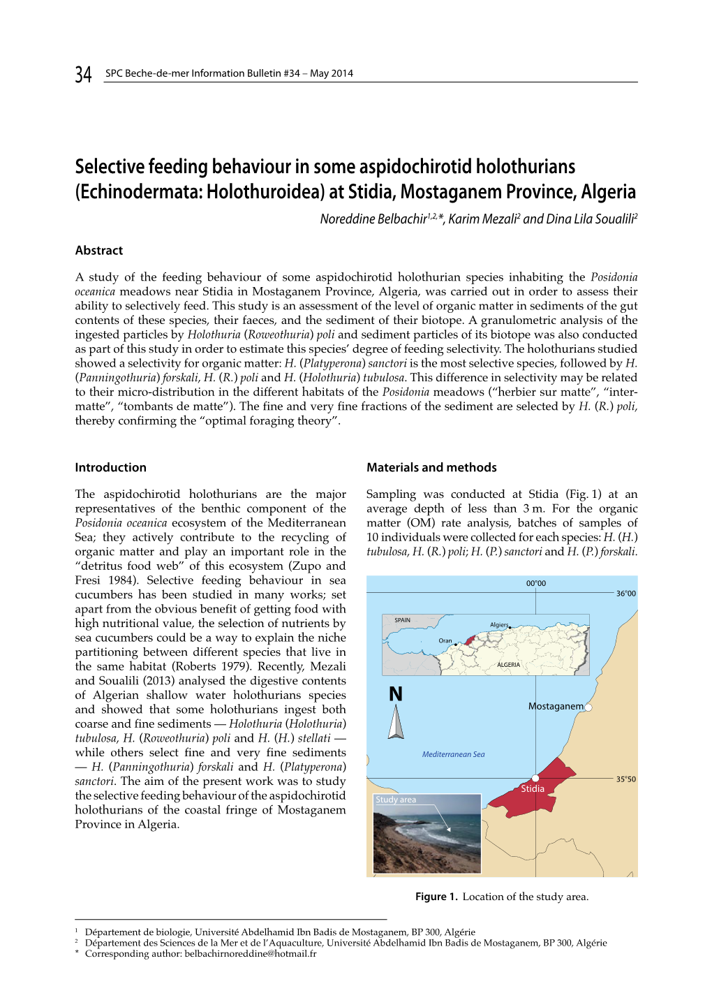 Echinodermata: Holothuroidea) at Stidia, Mostaganem Province, Algeria Noreddine Belbachir1,2,*, Karim Mezali2 and Dina Lila Soualili2