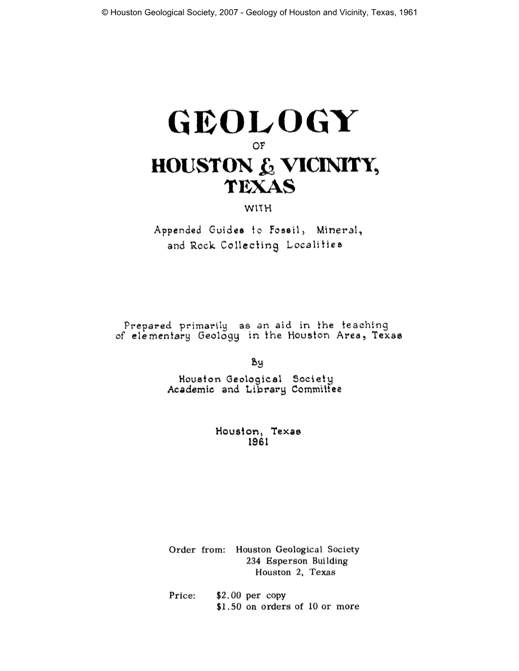 Geology of Houston and Vicinity, Texas, 1961
