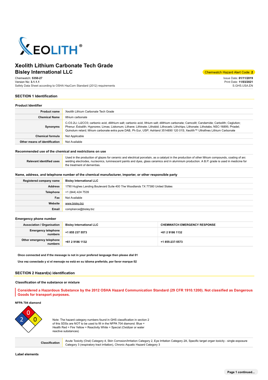 Xeolith Lithium Carbonate Tech Grade