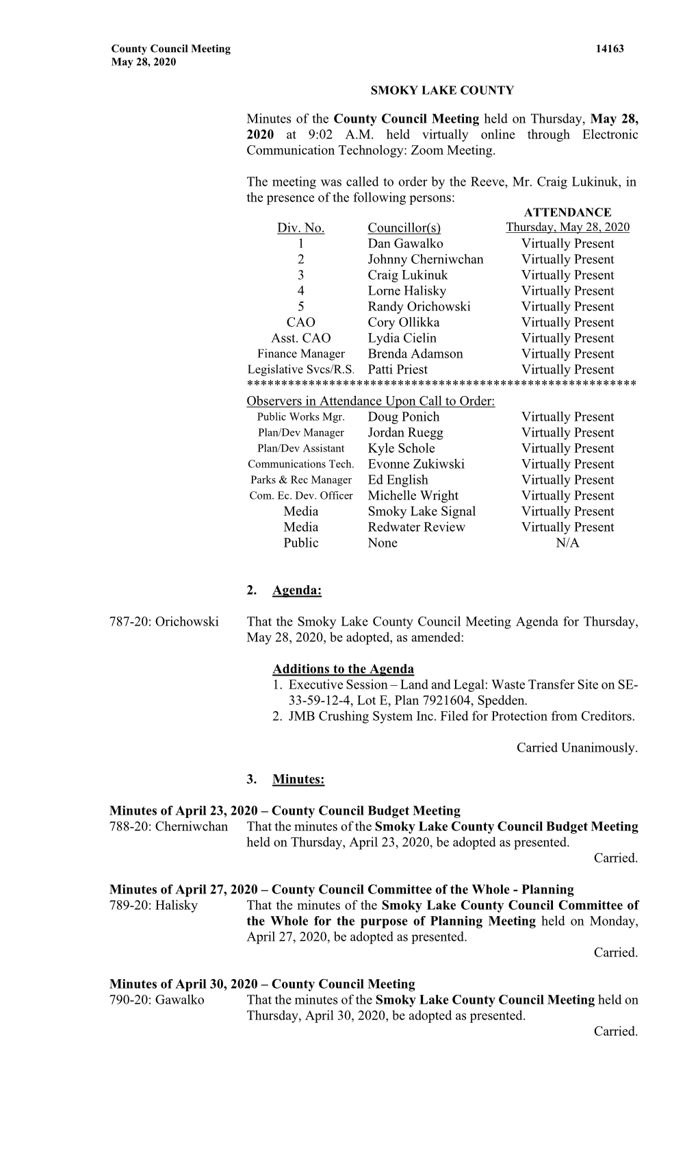 Minutes of the County Council Meeting Held on Thursday, May 28, 2020 at 9:02 A.M