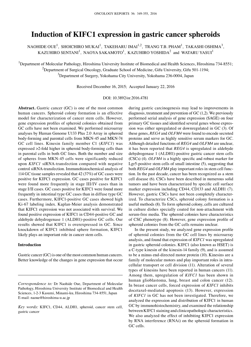 Induction of KIFC1 Expression in Gastric Cancer Spheroids