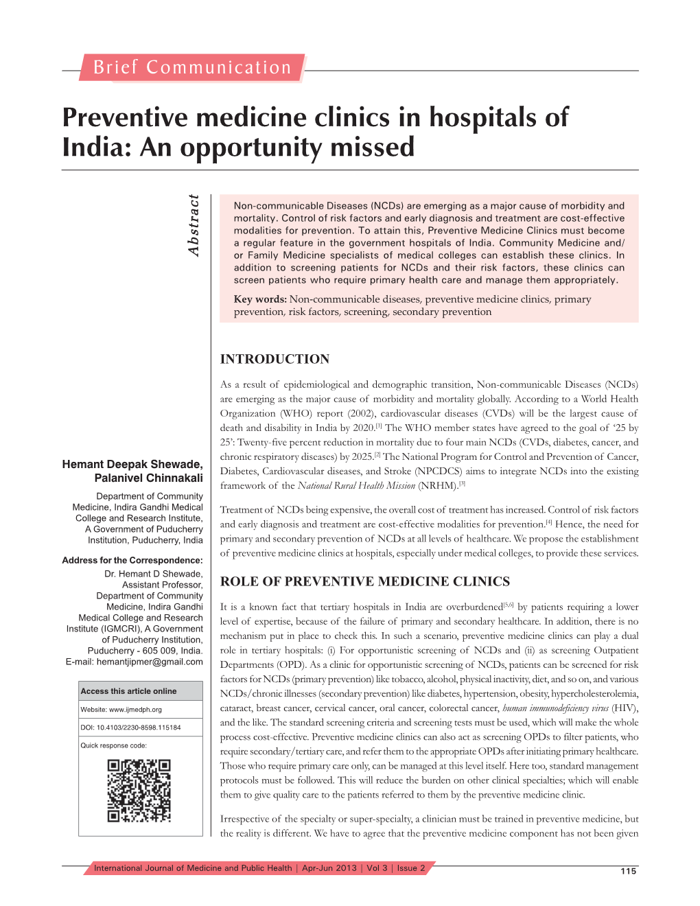 Preventive Medicine Clinics in Hospitals of India: an Opportunity Missed