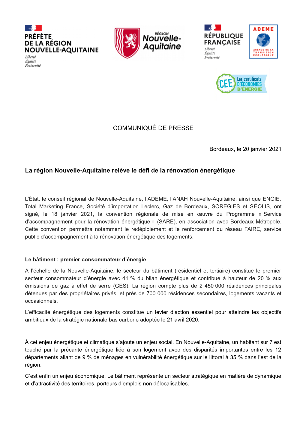 COMMUNIQUÉ DE PRESSE La Région Nouvelle-Aquitaine Relève Le