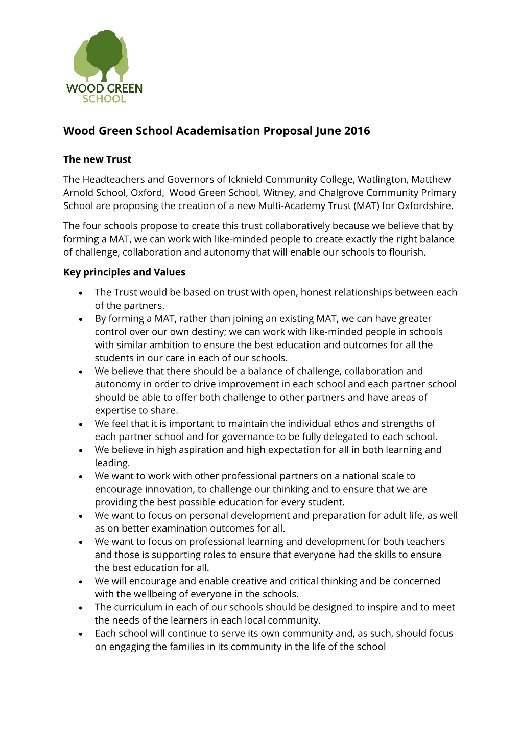 Wood Green School Academisation Proposal June 2016