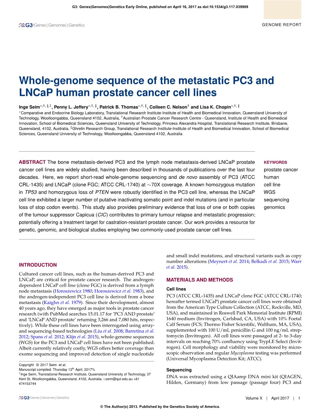 Whole-Genome Sequence of the Metastatic PC3 and Lncap Human Prostate Cancer Cell Lines