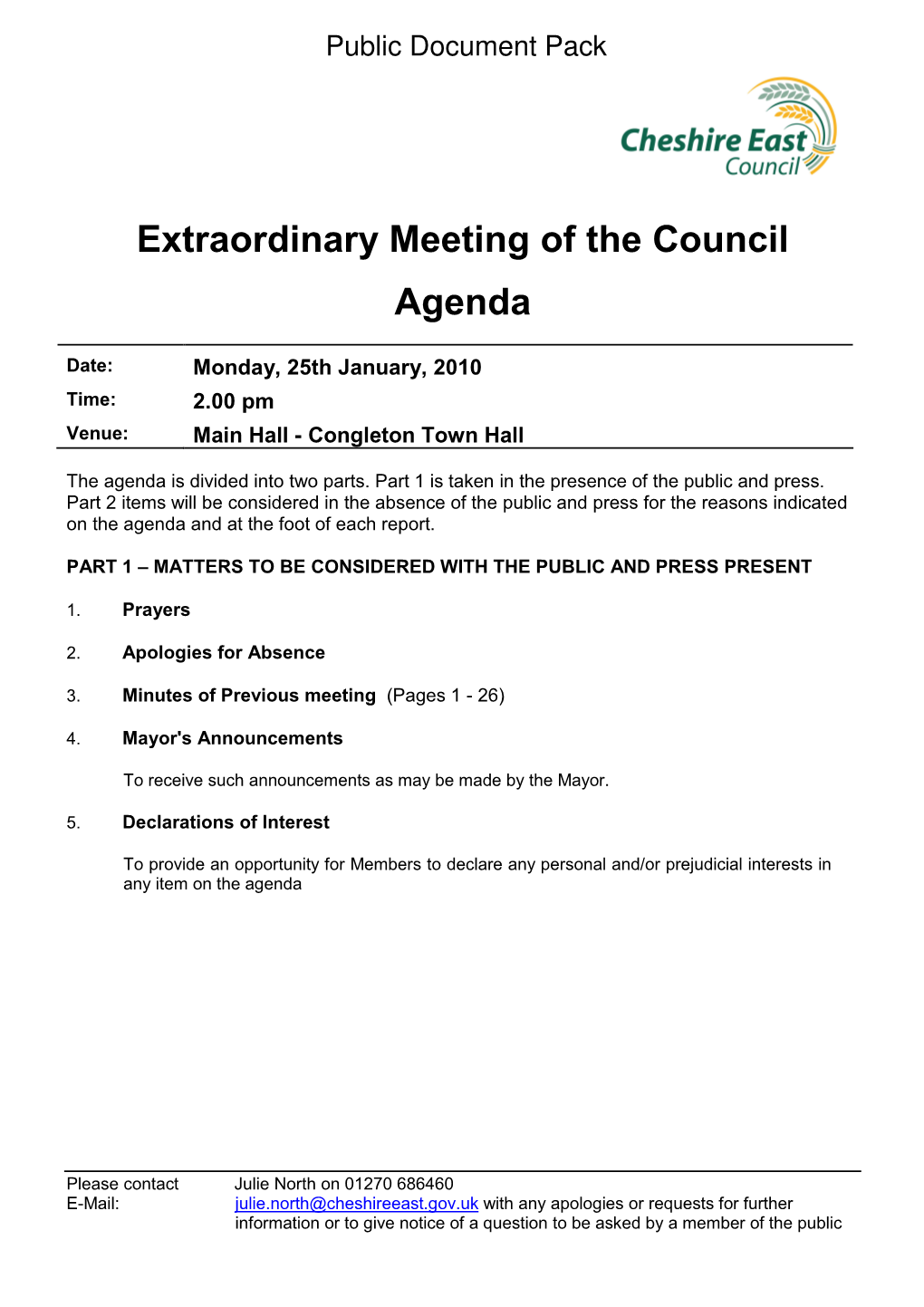 Extraordinary Meeting of the Council Agenda