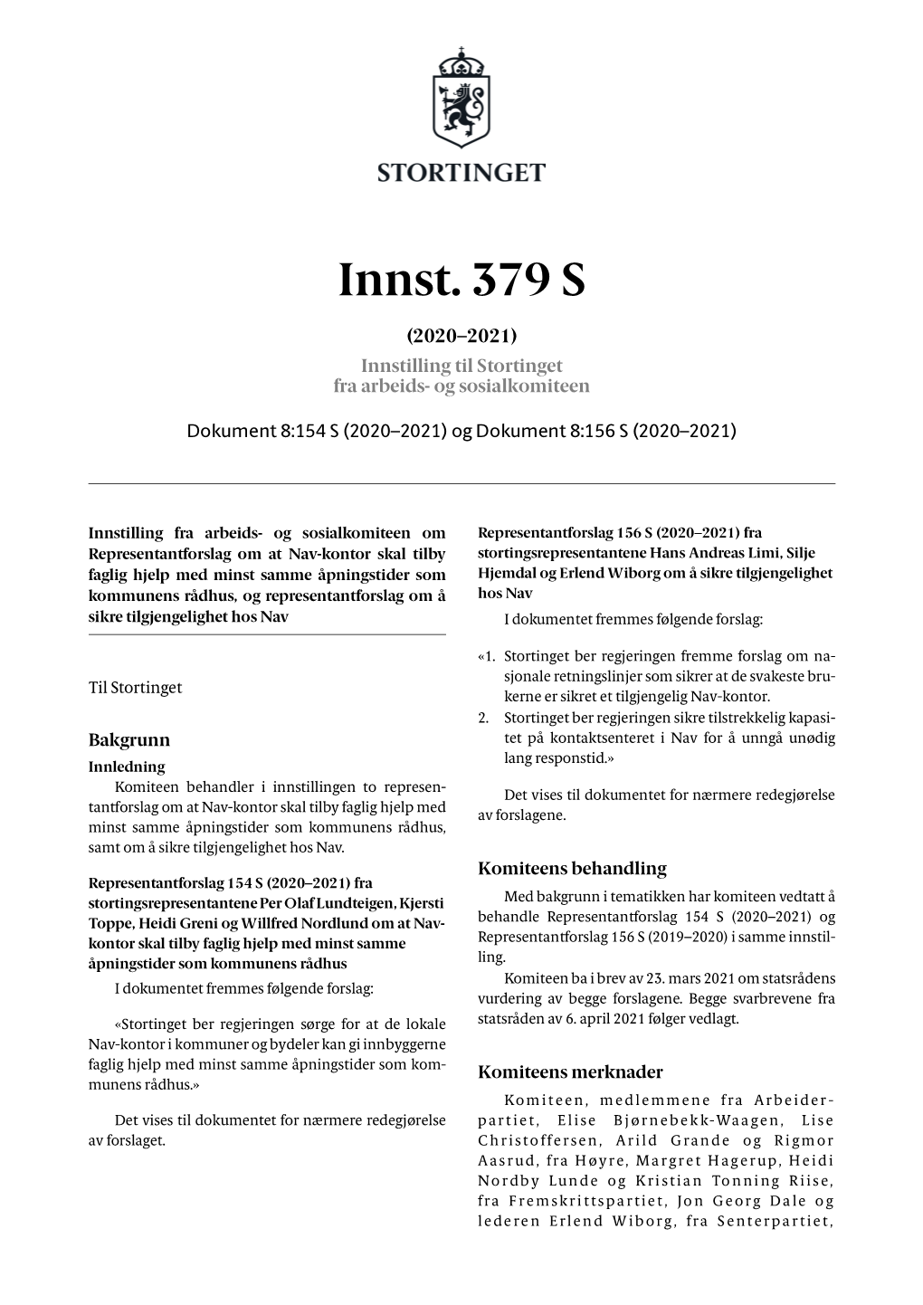 Innst. 379 S (2020–2021) Innstilling Til Stortinget Fra Arbeids- Og Sosialkomiteen