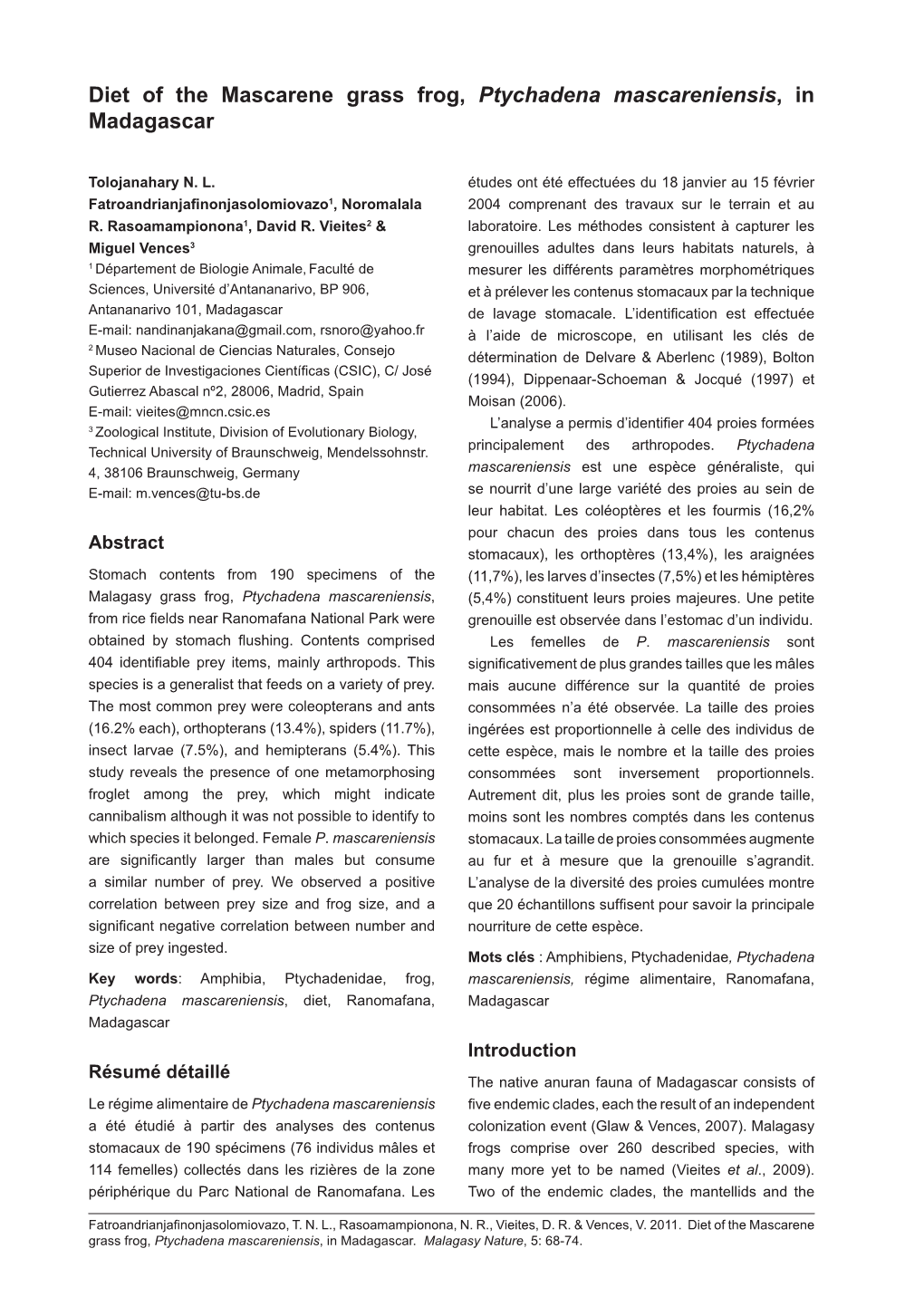 Diet of the Mascarene Grass Frog, Ptychadena Mascareniensis, in Madagascar