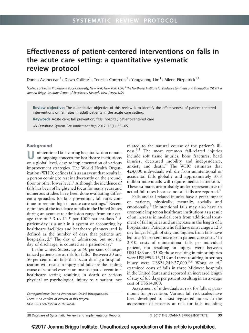 Effectiveness of Patient-Centered Interventions on Falls in the Acute Care Setting: a Quantitative Systematic Review Protocol