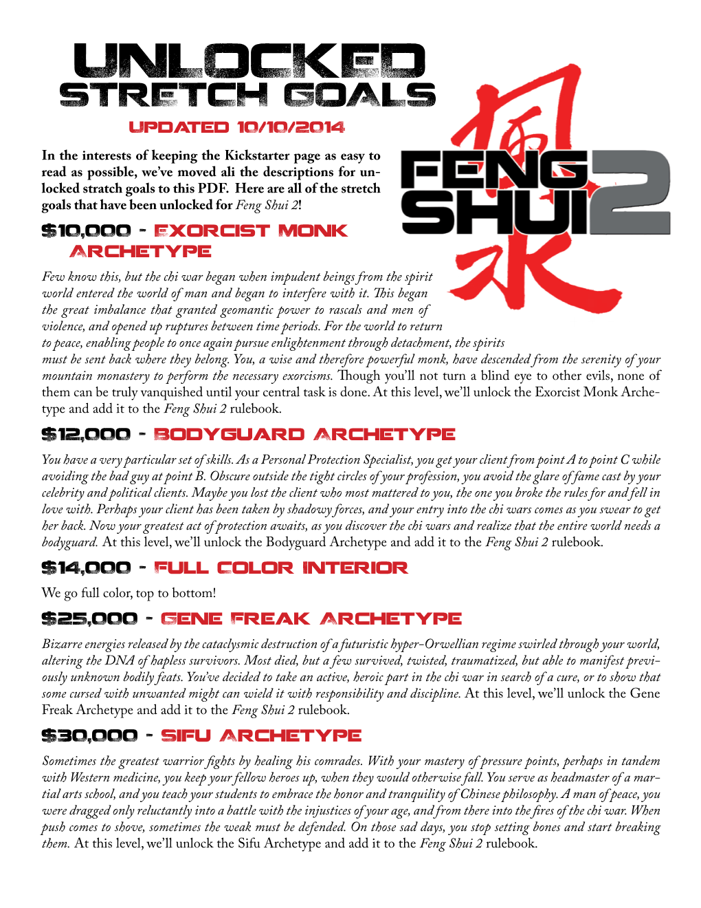 UNLOCKED STRETCH GOALS Updated 10/10/2014