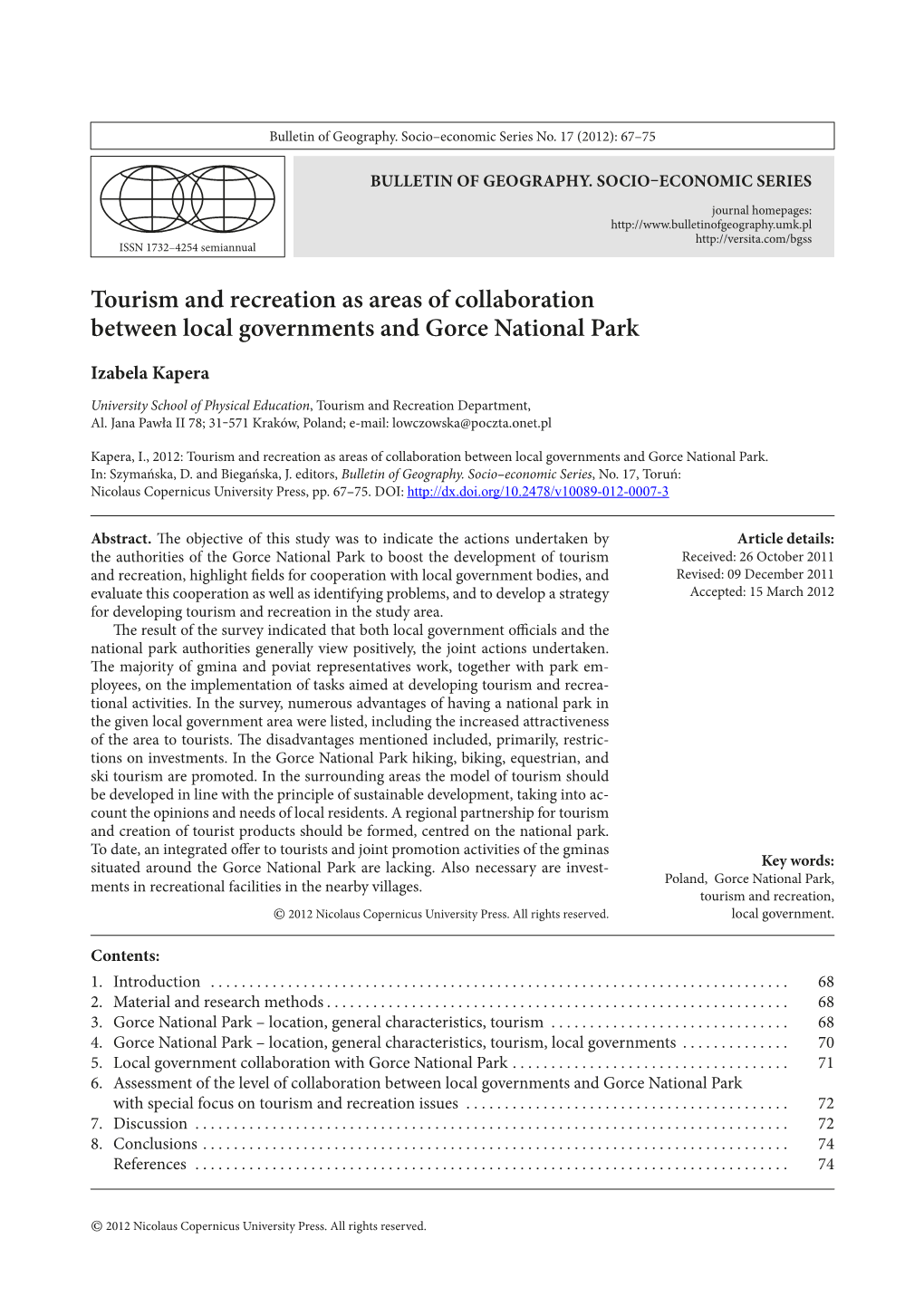 Tourism and Recreation As Areas of Collaboration Between Local Governments and Gorce National Park