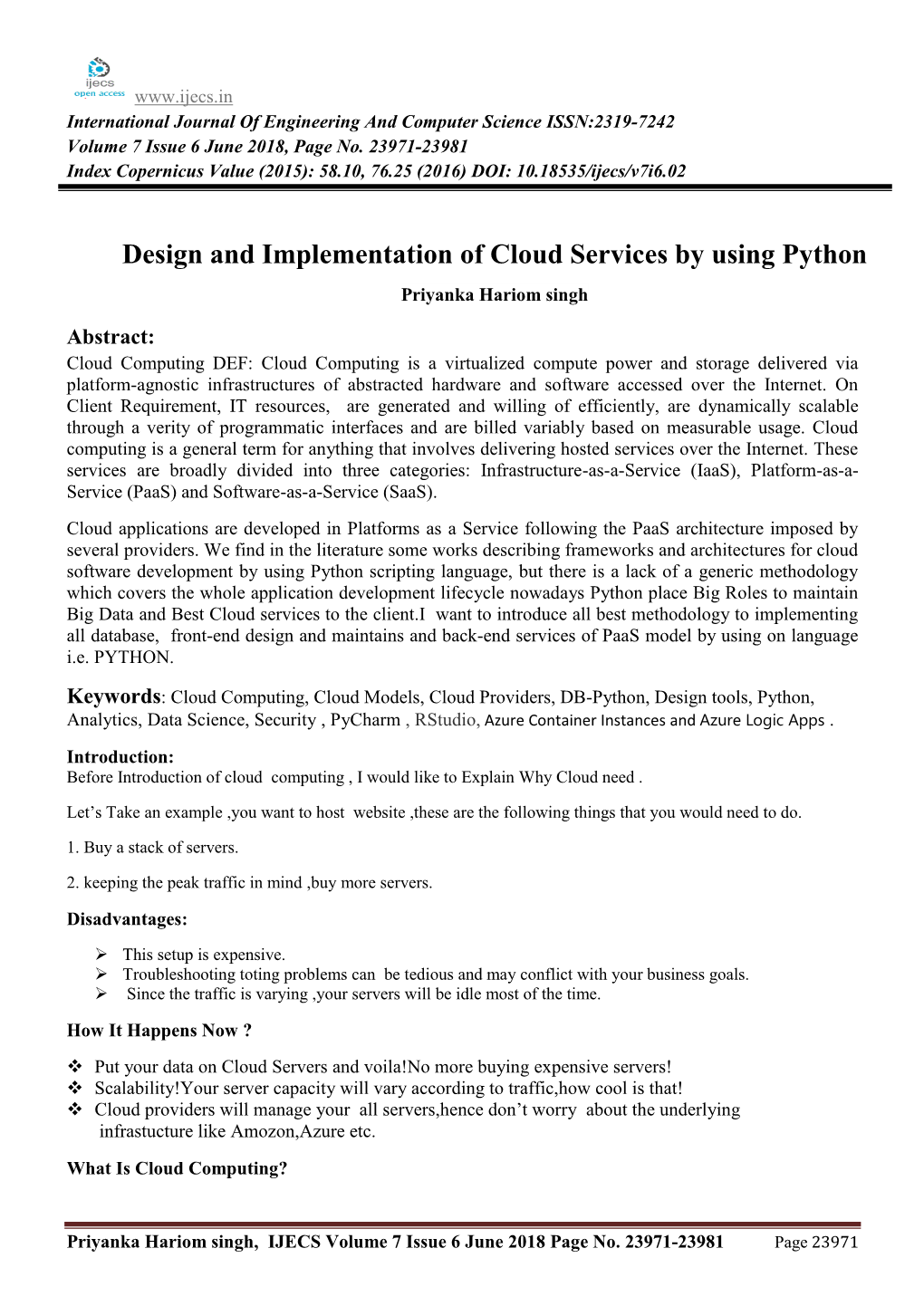 "Design and Implementation of Cloud Services by Using Python "