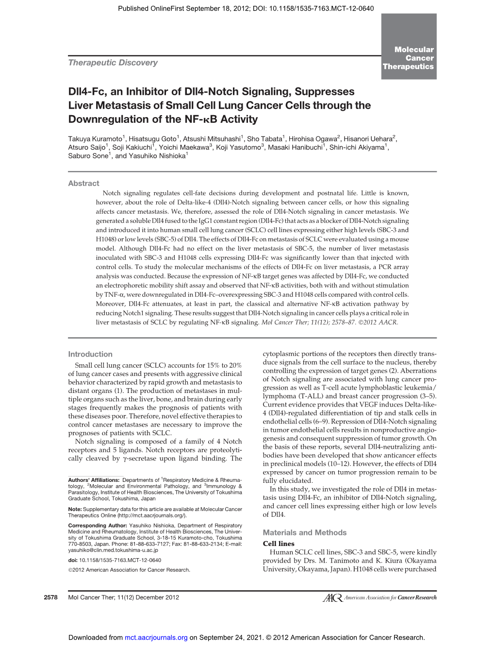 Dll4-Fc, an Inhibitor of Dll4-Notch Signaling, Suppresses Liver Metastasis of Small Cell Lung Cancer Cells Through the Downregulation of the NF-Kb Activity