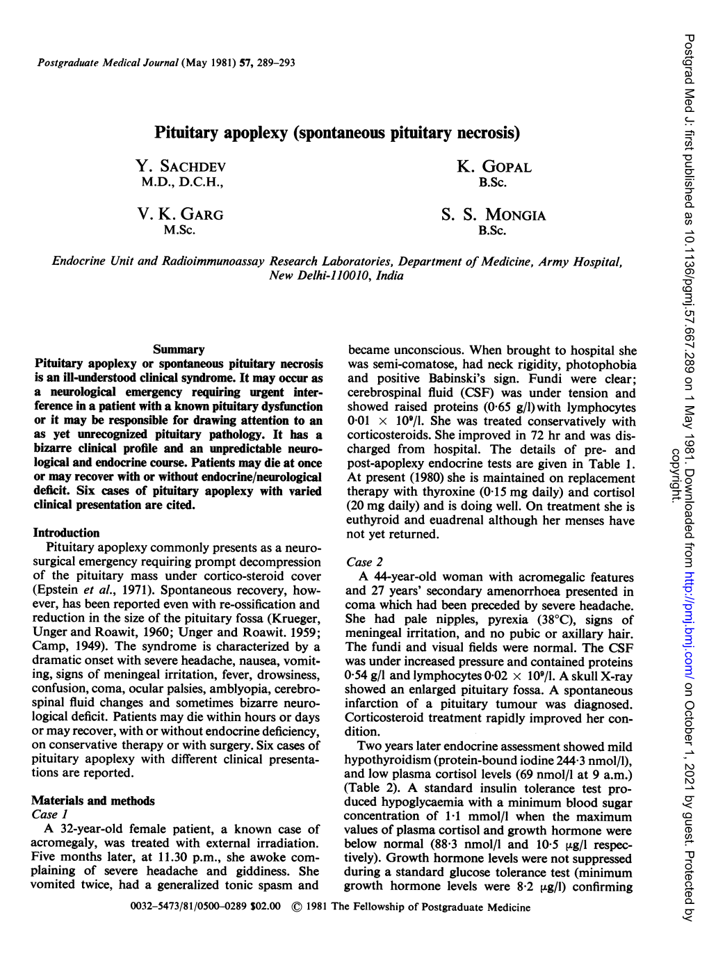 Pituitary Apoplexy (Spontaneous Pituitary Necrosis) Y