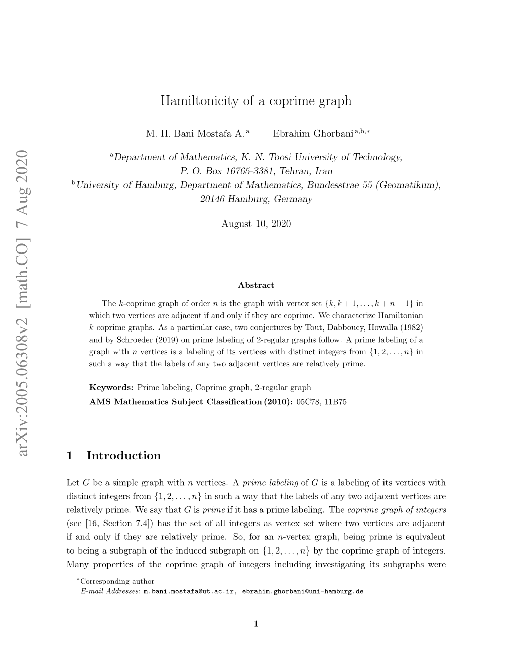 Arxiv:2005.06308V2 [Math.CO] 7 Aug 2020 Itntitgr from Integers Distinct Let Introduction 1 Fadol Fte R Eaieypie O O an on for Subgraph So, Induced S the Prime