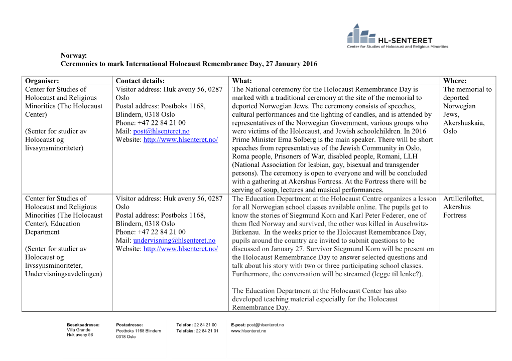 Norway Ceremonies to Mark International Holocaust Remembrance Day, 27 January 2016