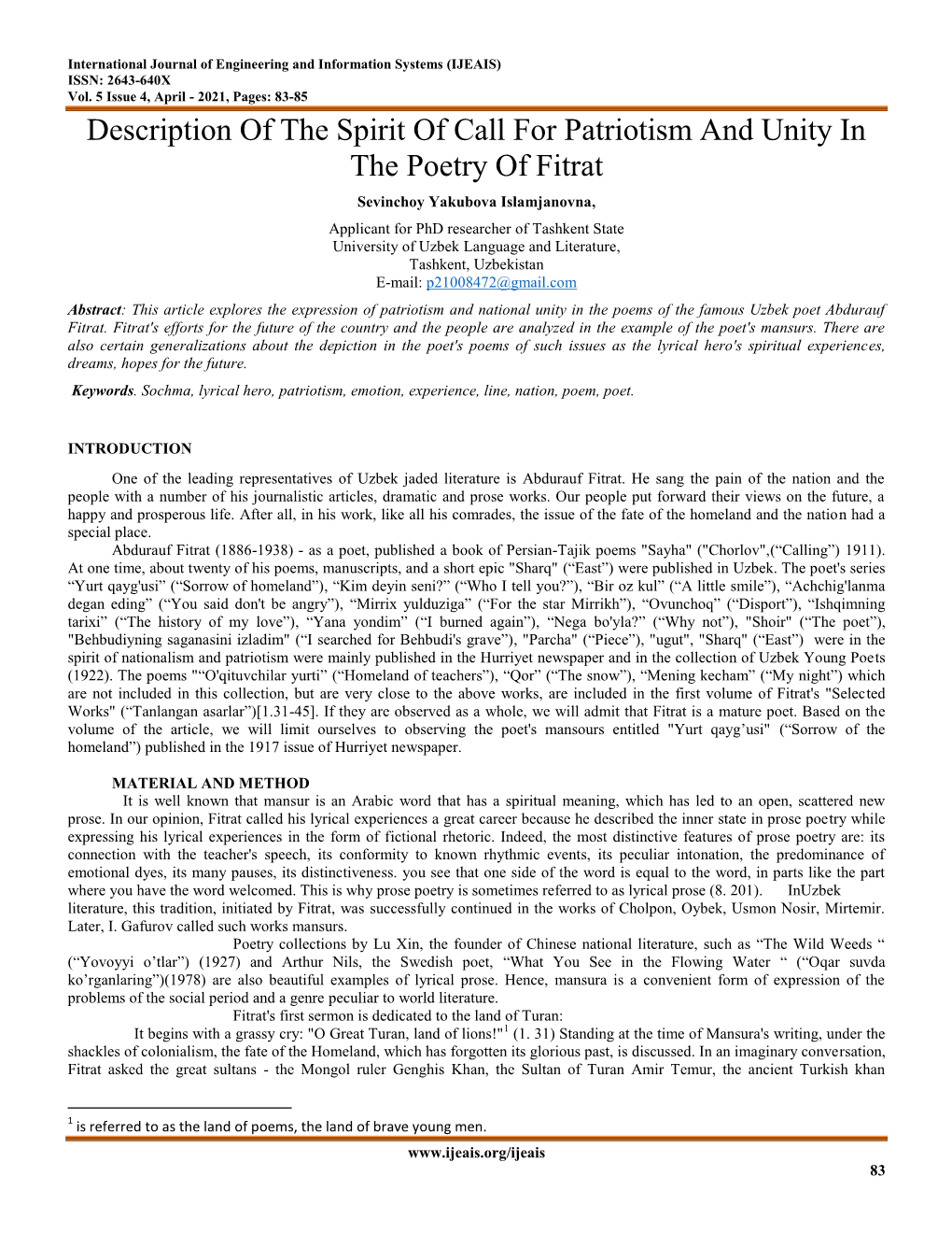 Description of the Spirit of Call for Patriotism and Unity in the Poetry of Fitrat